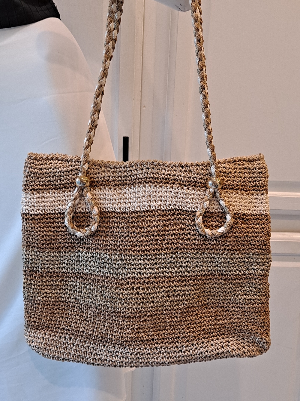Made In Japan Vintage Woven Straw Striped Tote Bag in Brown and Cream Lined